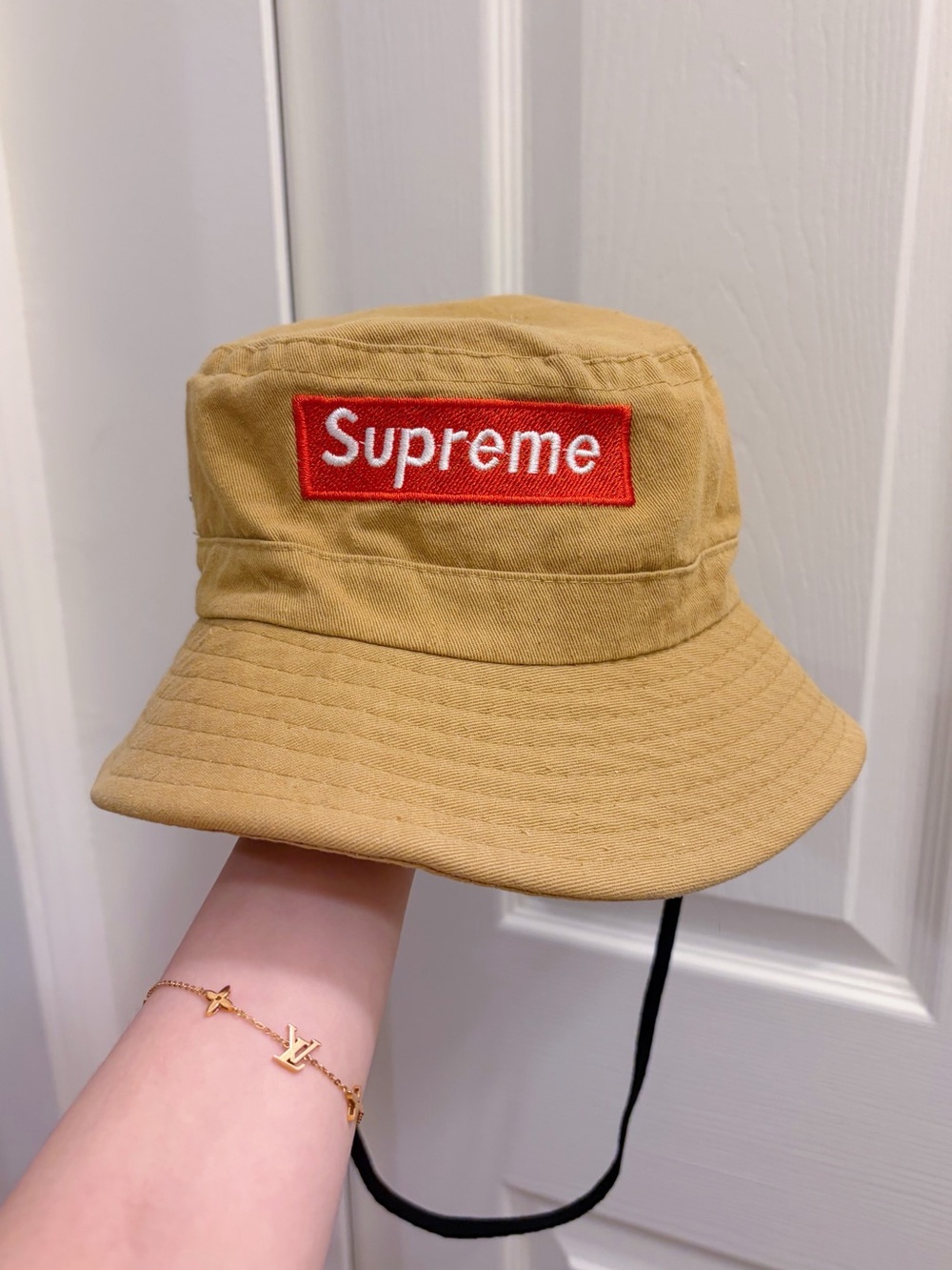 Supreme Tan Kids Bucket Hat with Red Box Logo